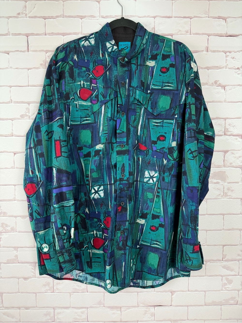 Vintage Roper Teal and Navy Abstract Print Button-Up Shirt
